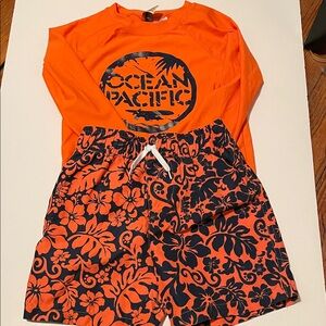 Ocean Pacific Boys Size 4 Orange Rash Guard & Floral Swim Shorts Matching Set